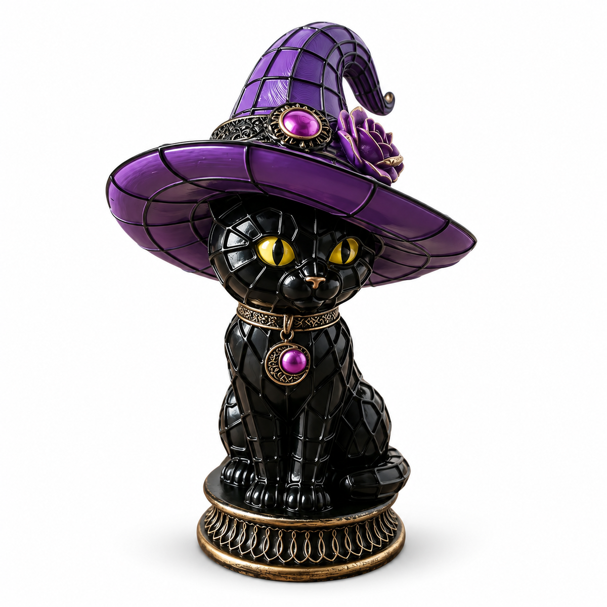 Black Cat Witch Hat Figurine – Purple Fantasy Decorative Statue for Tabletop Display