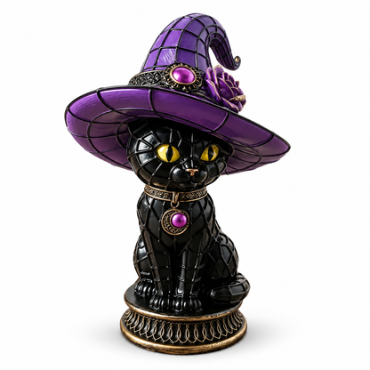 Black Cat Witch Hat Figurine – Purple Fantasy Decorative Statue for Tabletop Display