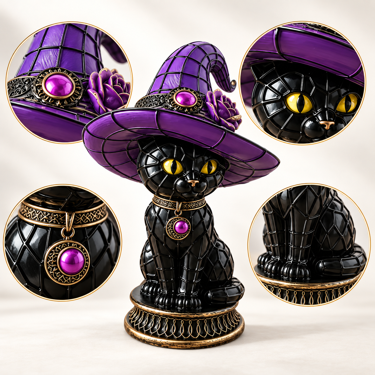 Black Cat Witch Hat Figurine – Purple Fantasy Decorative Statue for Tabletop Display