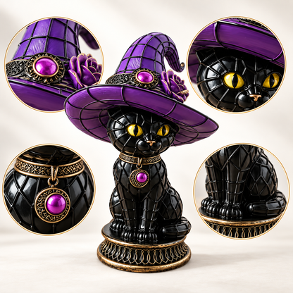 Black Cat Witch Hat Figurine – Purple Fantasy Decorative Statue for Tabletop Display