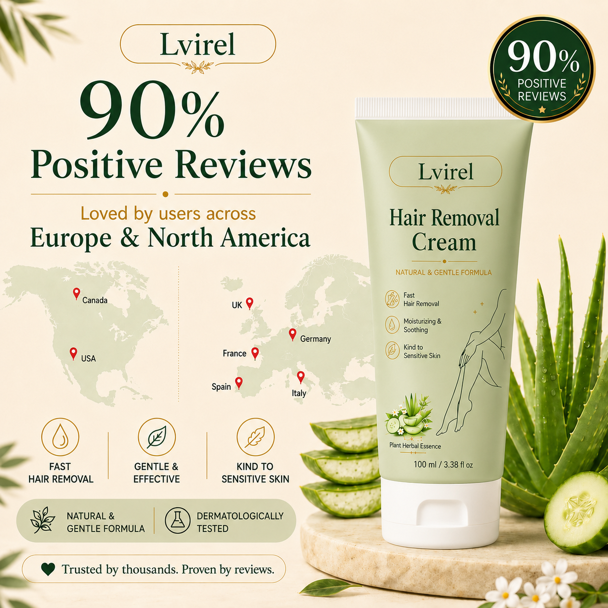 Lvirel™ Natural Gentle Hair Removal Cream | For Women & Men, Sensitive Skin