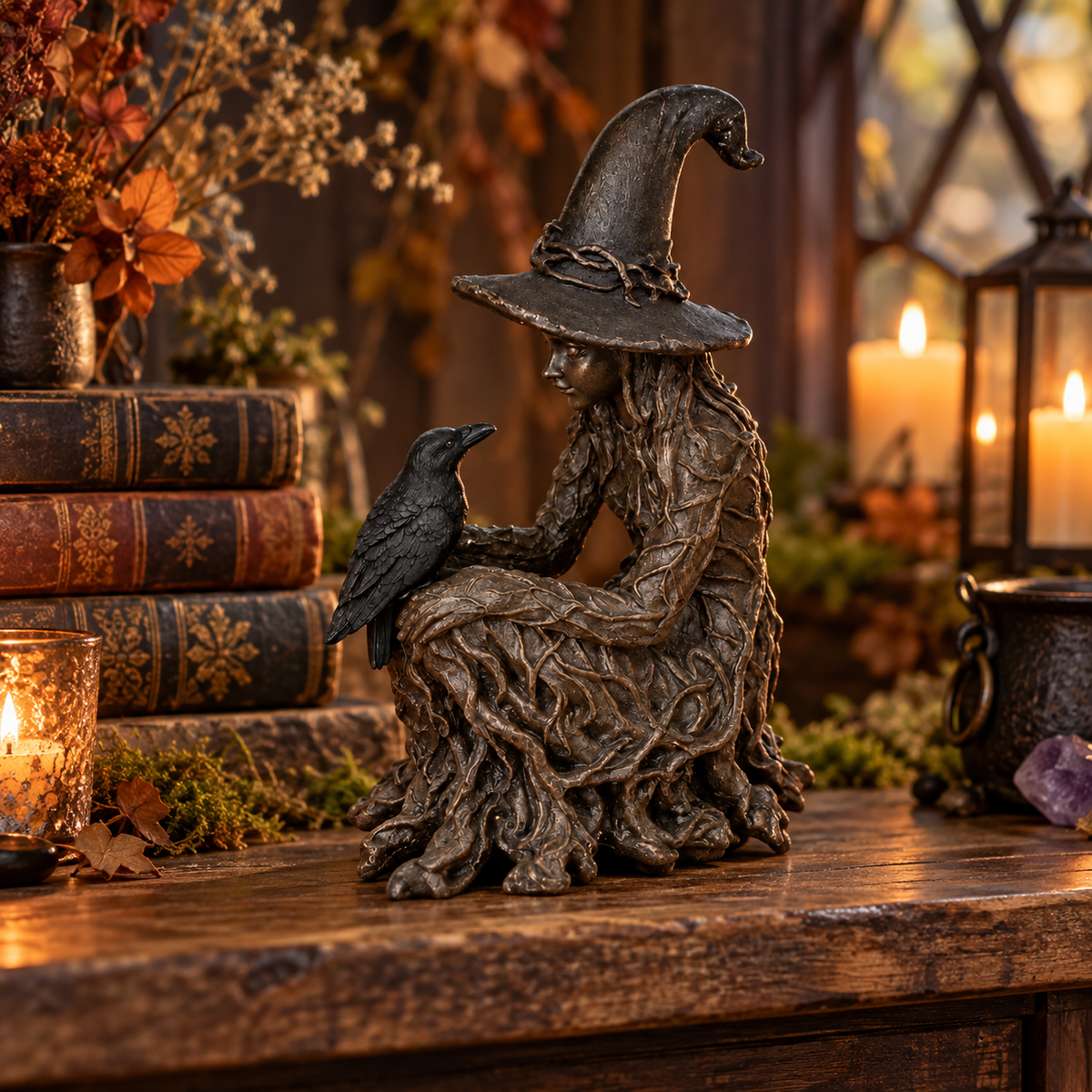 Mystic Woman and Raven Figurine – Dark Fantasy Decorative Statue with Pointed Hat