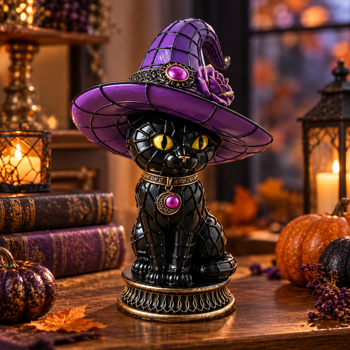 Black Cat Witch Hat Figurine – Purple Fantasy Decorative Statue for Tabletop Display