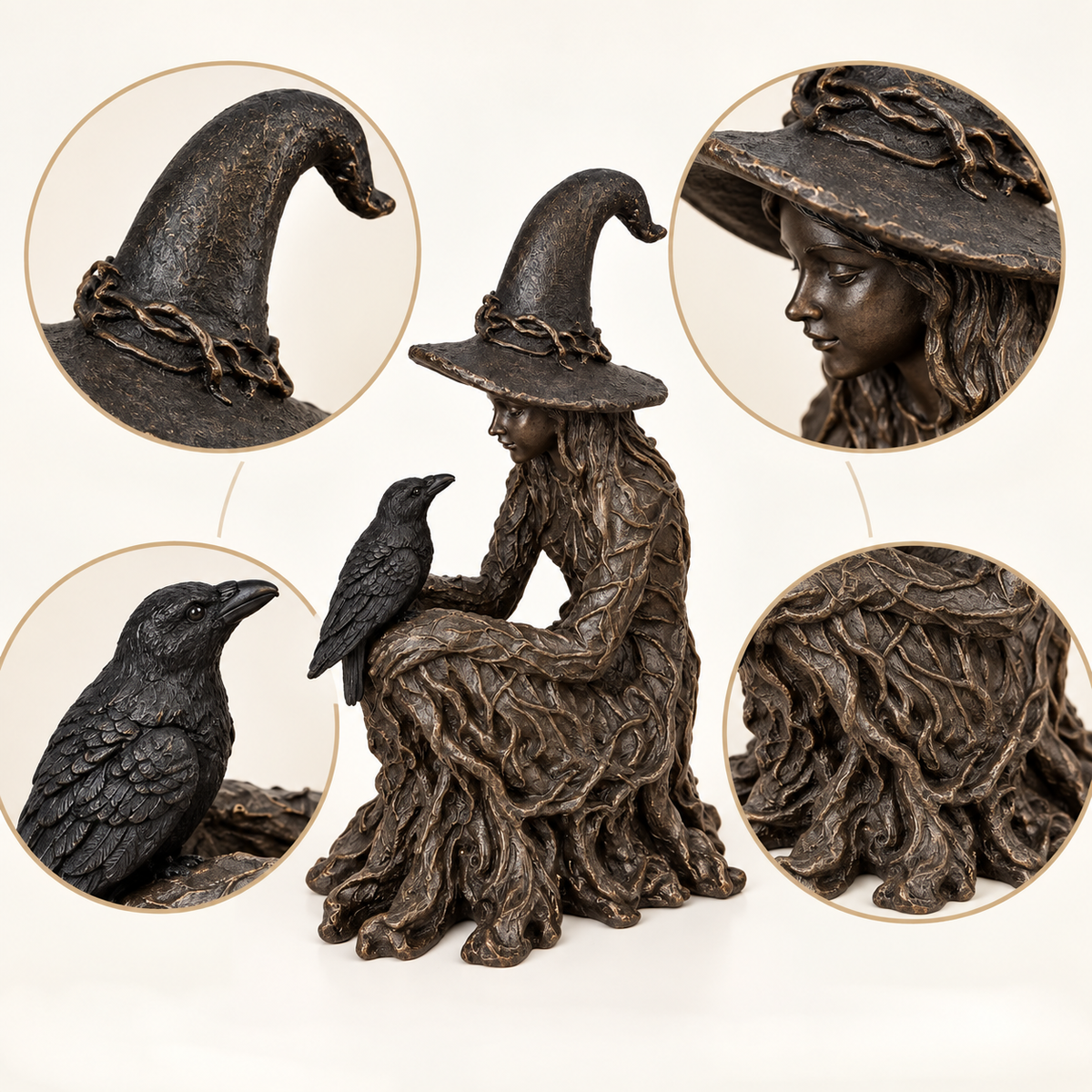 Mystic Woman and Raven Figurine – Dark Fantasy Decorative Statue with Pointed Hat