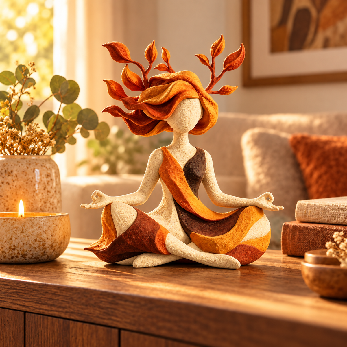 Autumn Meditation Woman Figurine – Leaf Hair Yoga Sculpture for Home Decor
