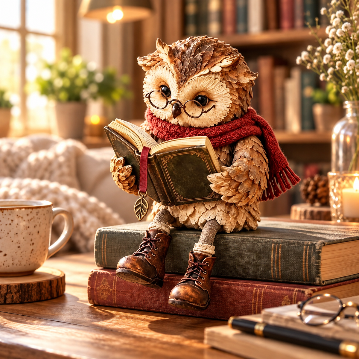 Reading Owl Figurine with Glasses, Scarf and Book – Decorative Shelf Ornament
