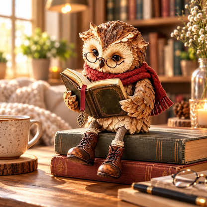 Reading Owl Figurine with Glasses, Scarf and Book – Decorative Shelf Ornament