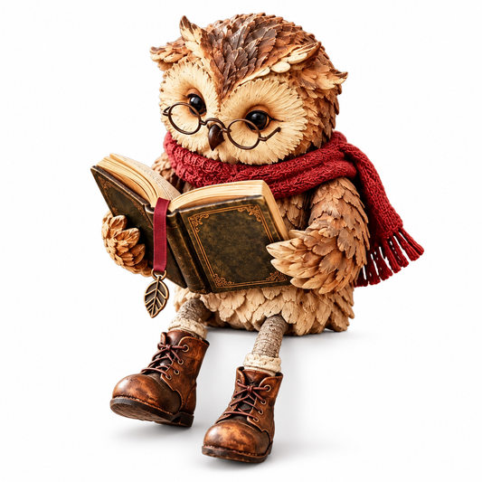 Reading Owl Figurine with Glasses, Scarf and Book – Decorative Shelf Ornament