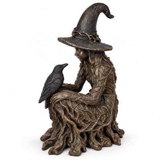 Mystic Woman and Raven Figurine – Dark Fantasy Decorative Statue with Pointed Hat