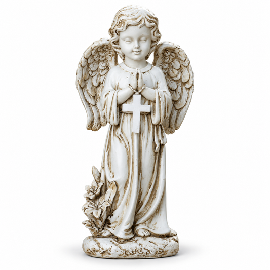 Praying Angel Garden Statue – Decorative Winged Figurine with Cross Accent