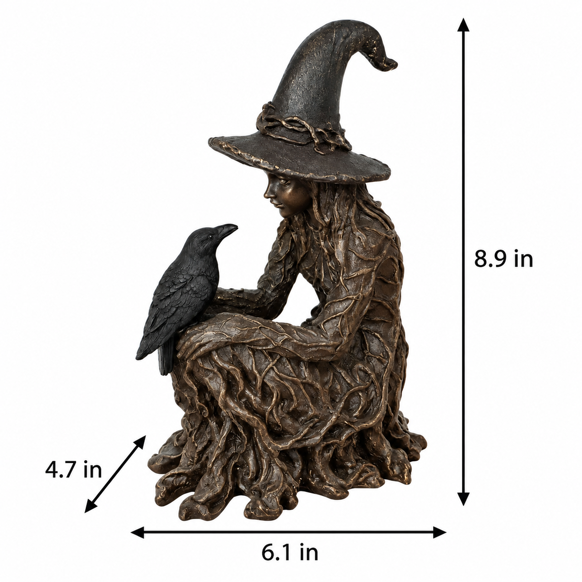 Mystic Woman and Raven Figurine – Dark Fantasy Decorative Statue with Pointed Hat