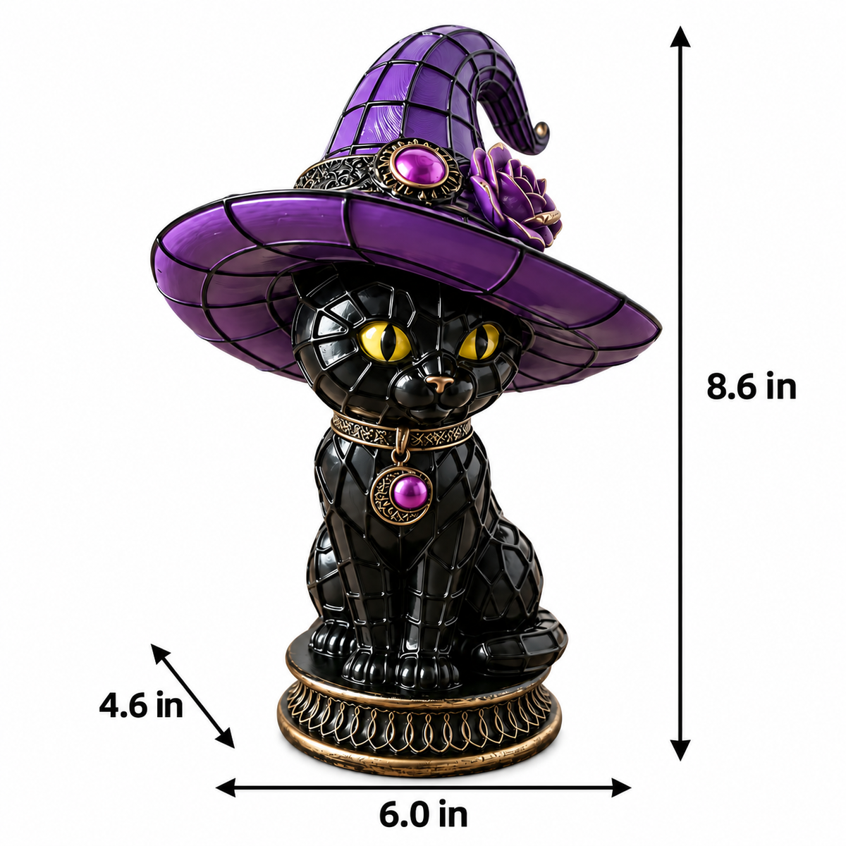 Black Cat Witch Hat Figurine – Purple Fantasy Decorative Statue for Tabletop Display