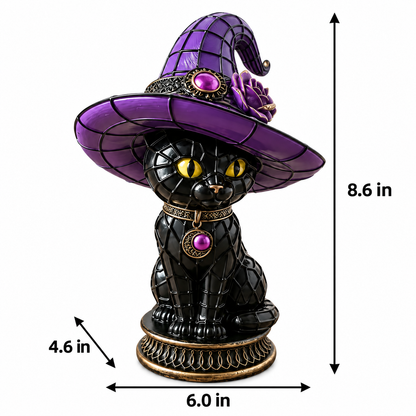 Black Cat Witch Hat Figurine – Purple Fantasy Decorative Statue for Tabletop Display