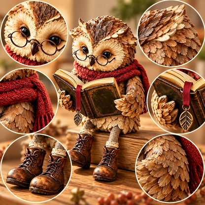 Reading Owl Figurine with Glasses, Scarf and Book – Decorative Shelf Ornament